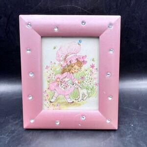 Spring Easter Illustration Pink‎ Rhinestone Picture Frame Girl Lamb 4.5x3.75"